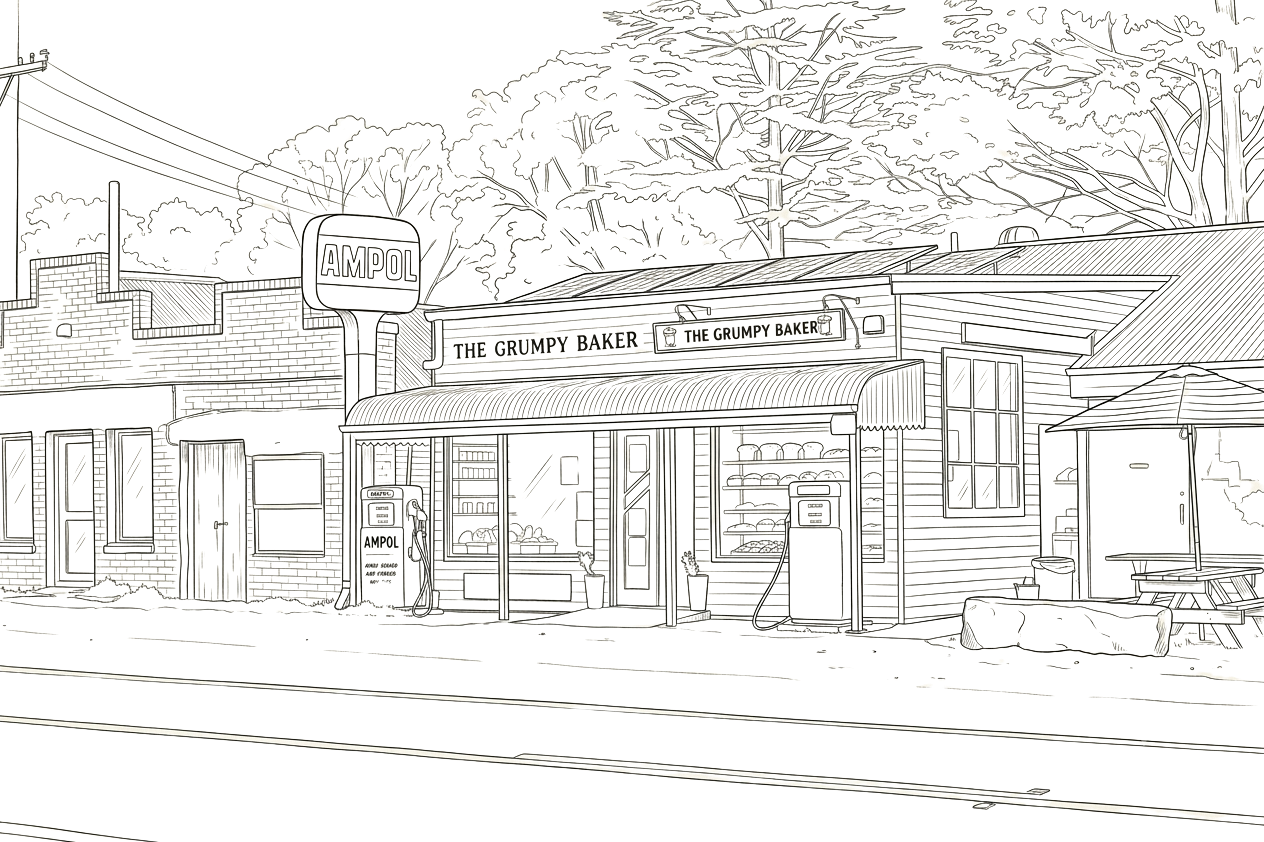 Pencil sketch of the storefront of grumpy baker bilpin