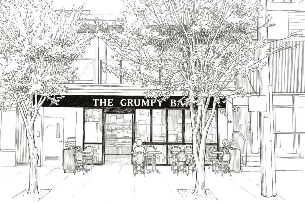 Pencil sketch of the storefront of grumpy baker neutral bay