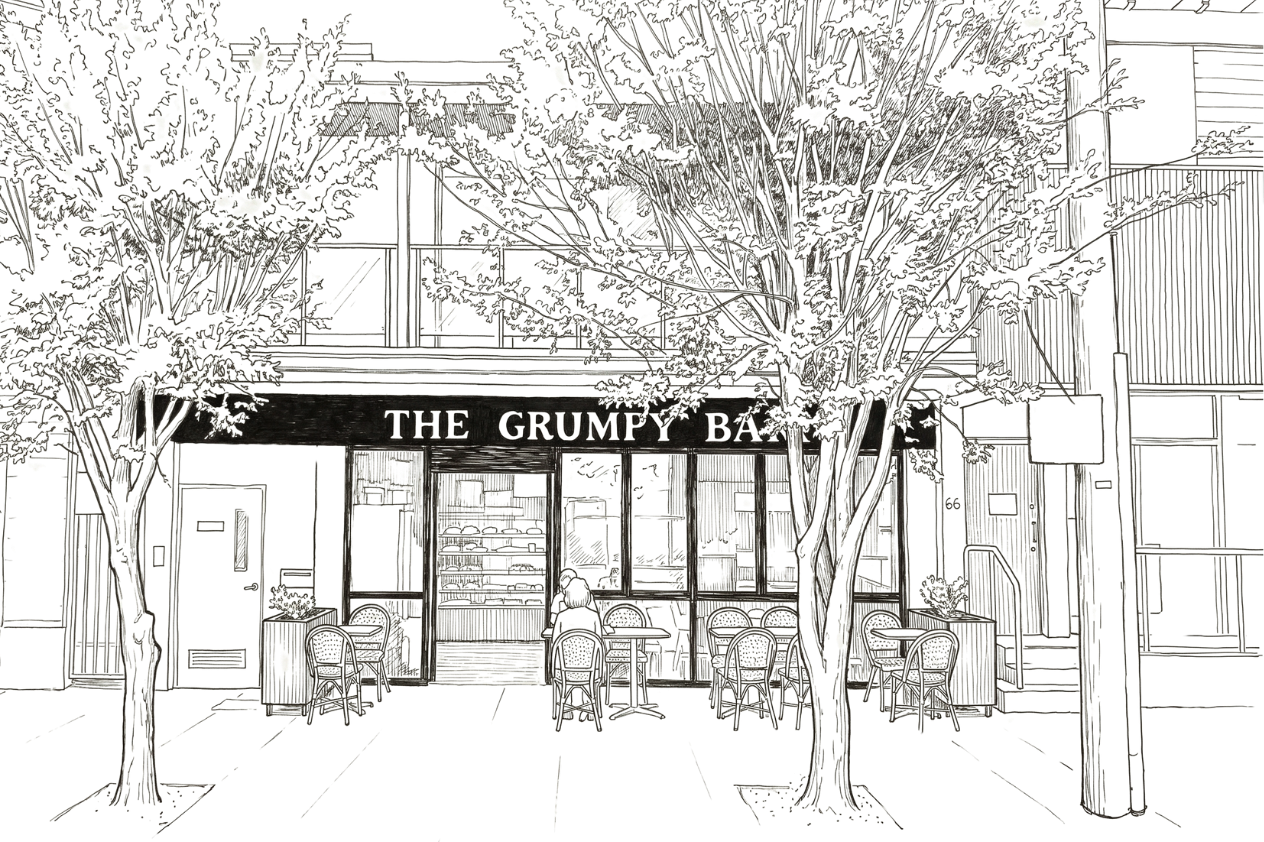 Pencil sketch of the storefront of grumpy baker neutral bay
