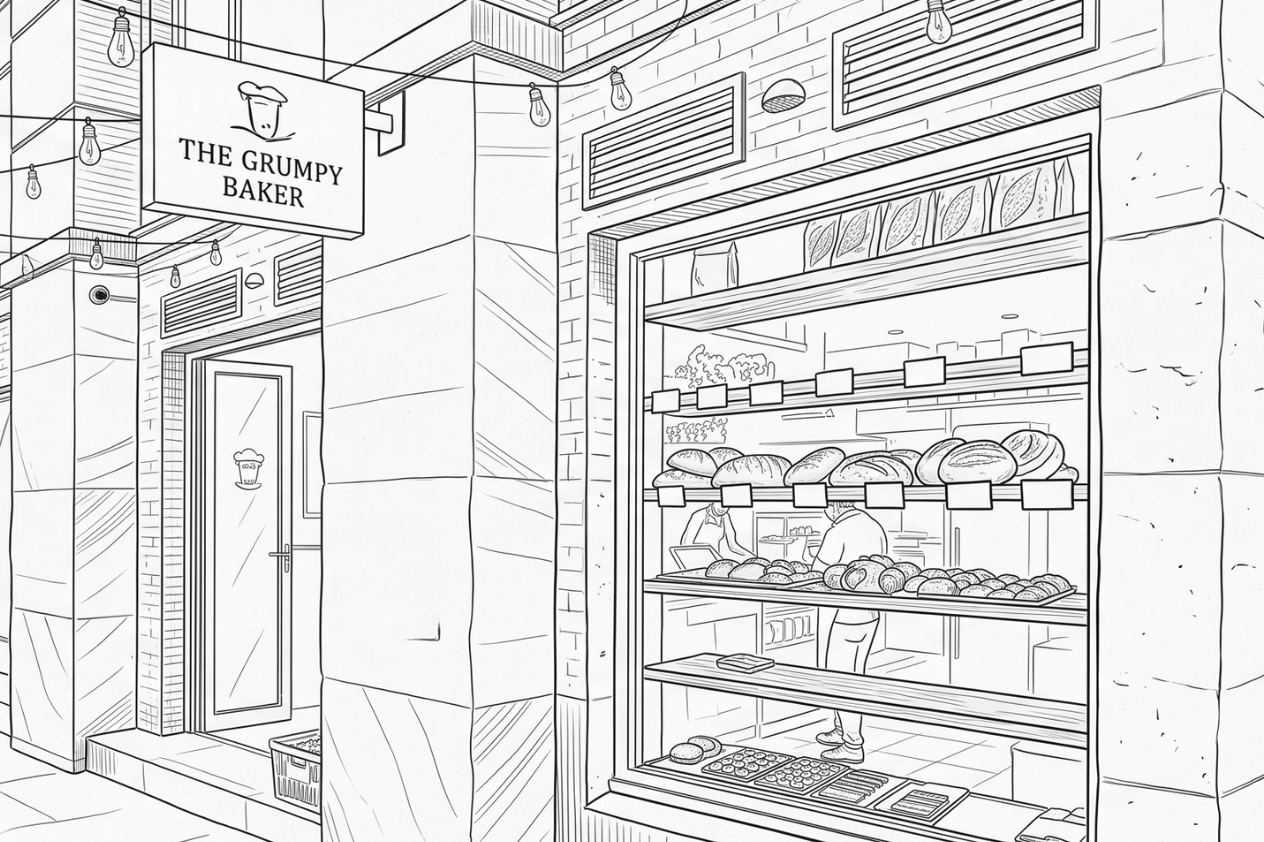 pencil sketch of the grumpy baker abercrombie lane storefront, sydney