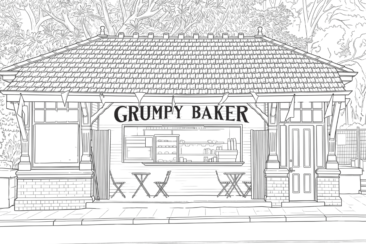 hand drawn pencil outline of the grumpy baker near Hyde Park, Sydney