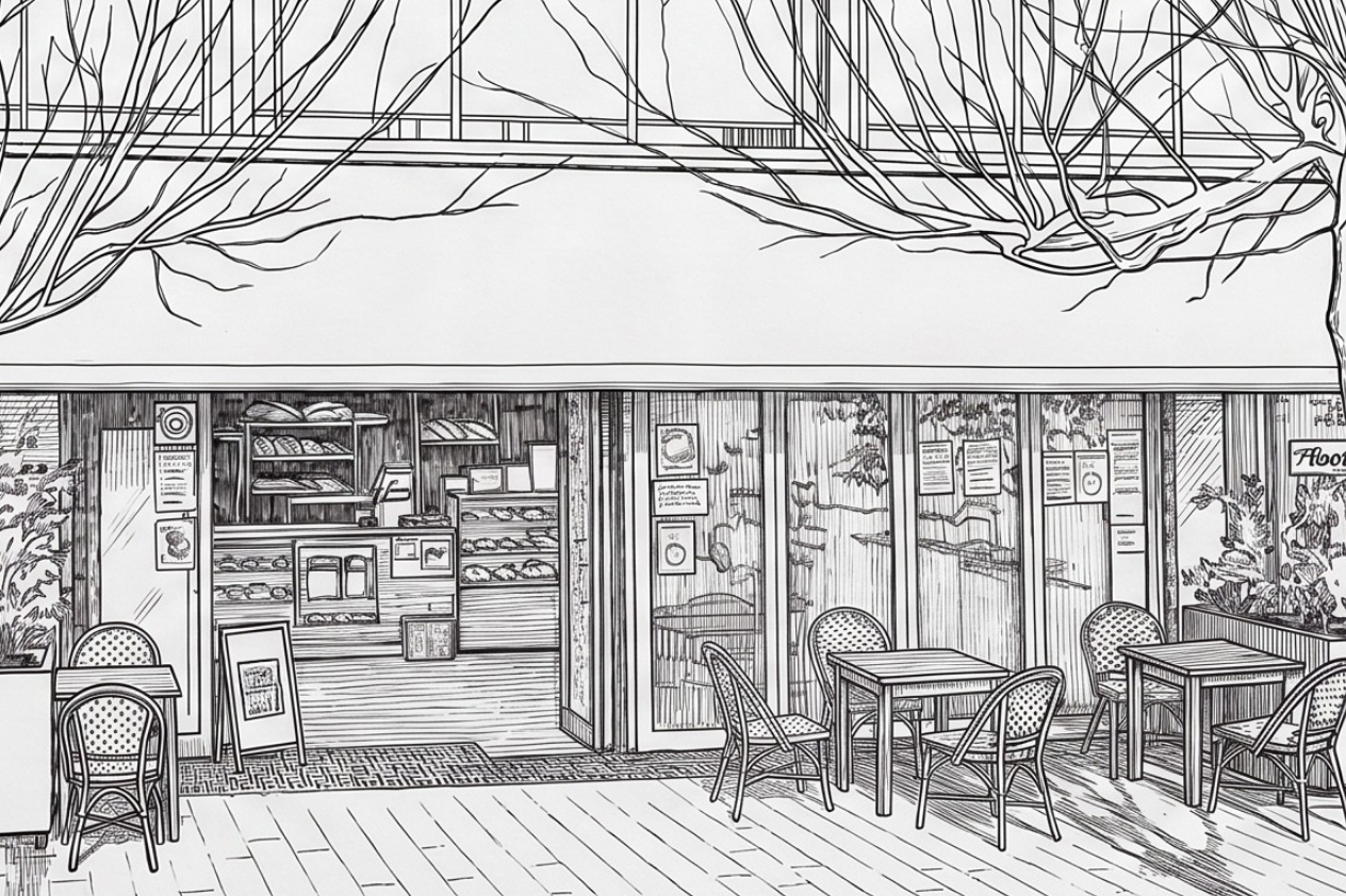 Pencil sketch of the storefront of grumpy baker neutral bay