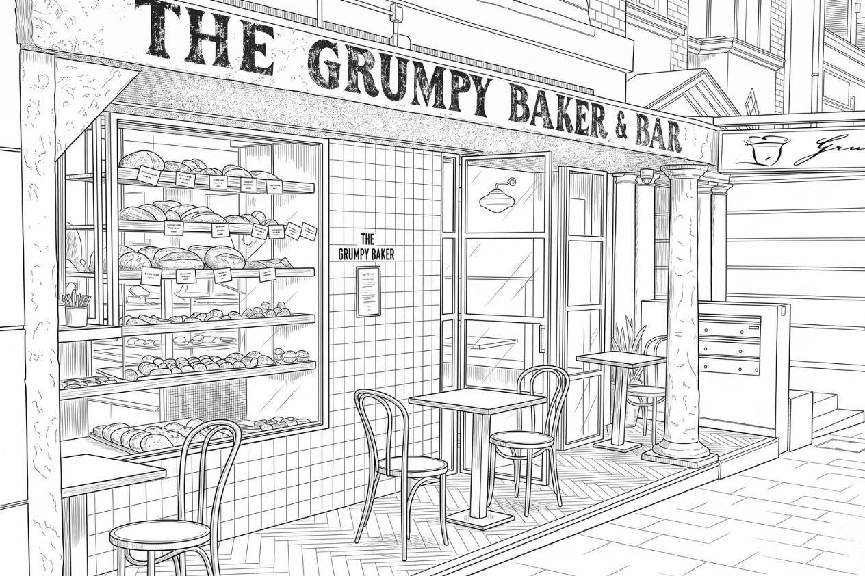 Pencil sketch of the storefront of grumpy baker potts point